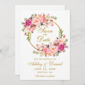 水彩フローラリースピンク金ゴールド保存日 セーブザデート (正面/裏面)