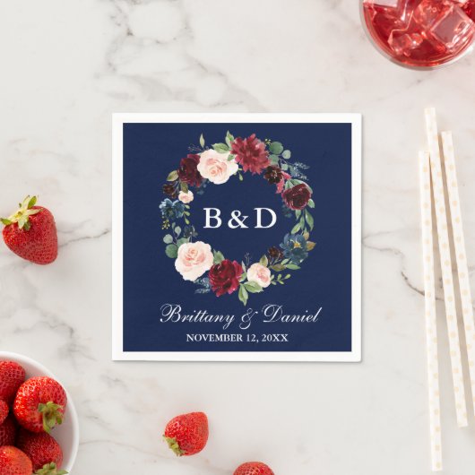 水彩フローラリースブルガンディーブルー結婚ズ スタンダードカクテルナプキン (インサイチュ)