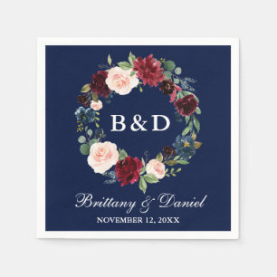 水彩フローラリースブルガンディーブルー結婚ズ スタンダードカクテルナプキン