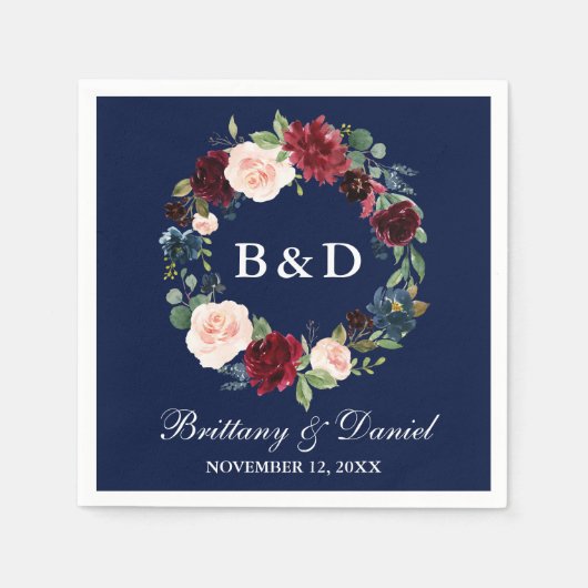 水彩フローラリースブルガンディーブルー結婚ズ スタンダードカクテルナプキン (正面)