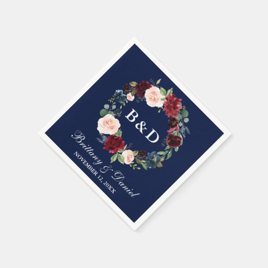 水彩フローラリースブルガンディーブルー結婚ズ スタンダードカクテルナプキン (角)
