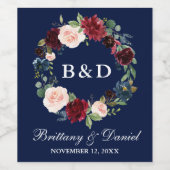 水彩フローラリースブルガンディーブルー結婚ズ ワインラベル (シングルラベル)