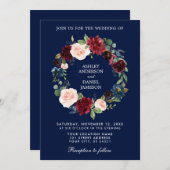 水彩フローラリースブルゴーニュ結婚ーブルーB 招待状 (正面/裏面)