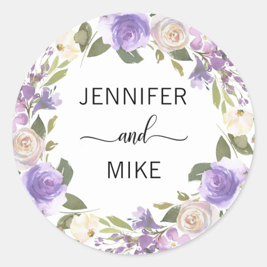 水彩フローラリースラベンダー薄紫結婚ズ ラウンドシール (正面)