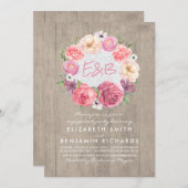 水彩フローラリース素朴婚約パーティ 招待状 (正面/裏面)