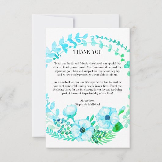 水彩フローラリース結婚ターコイズ サンキューカード (正面)