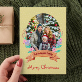 水彩フローラリース金ゴールド写真クリスマス シーズンカード