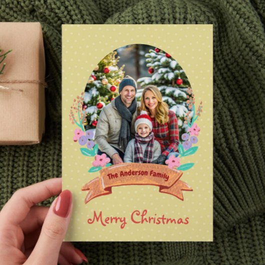 水彩フローラリース金ゴールド写真クリスマス シーズンカード