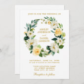 水彩フローラリース黄色金ゴールド白結婚色 招待状 (正面/裏面)