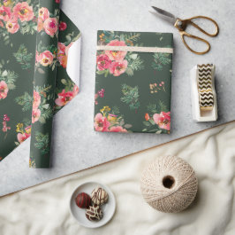 水彩フローラル | ボタニカルグリーンクリスマス ラッピングペーパー