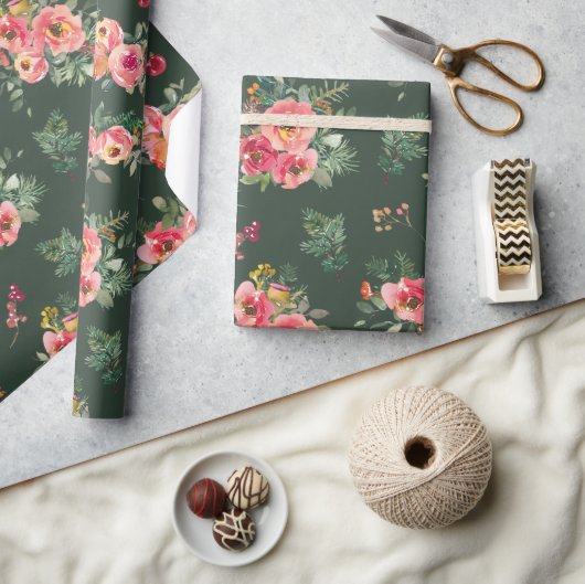 水彩フローラル | ボタニカルグリーンクリスマス ラッピングペーパー (クラフト)