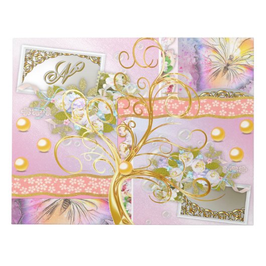 水彩フローラレインボーバタフライ金ゴールドツリー梨 ノートパッド (正面)