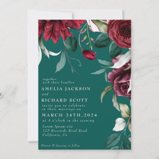 水彩フローラレッドローゼエメラルドグリーン結婚ズ 招待状 (正面)
