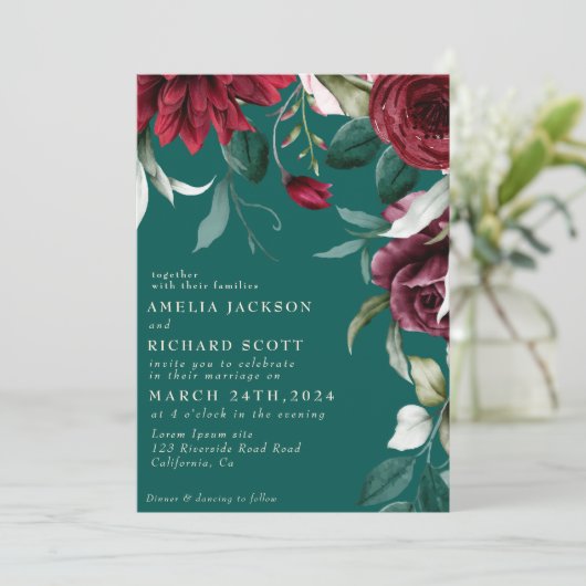 水彩フローラレッドローゼエメラルドグリーン結婚ズ 招待状 (スタンド正面)