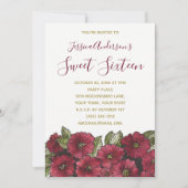 水彩フローラレッド金ゴールドスウィート16誕生日 招待状 (正面)