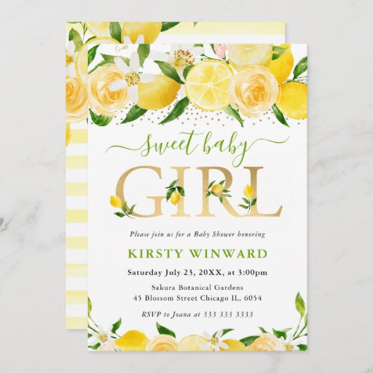 水彩フローラレモン赤ちゃんシャワー 招待状 (正面/裏面)