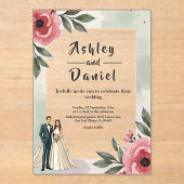 水彩フローラロマンチックなカップル夏結婚の夏 アクリル招待状 (正面)