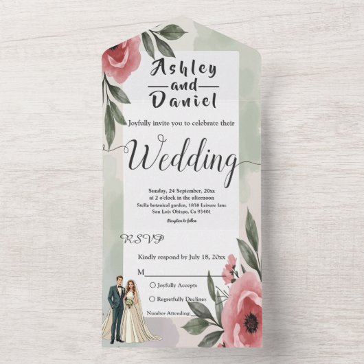 水彩フローラロマンチックなカップル夏結婚の夏 オールインワン招待状 (内側)