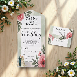 水彩フローラロマンチックなカップル夏結婚の夏 オールインワン招待状