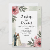 水彩フローラロマンチックなカップル夏結婚の夏 招待状 (正面)