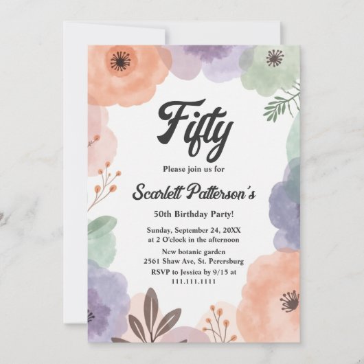 水彩フローラロマンチック抽象芸術50誕生日 招待状 (正面)