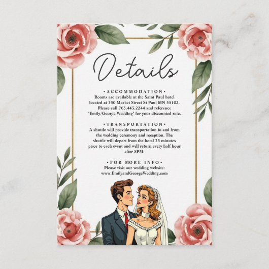 水彩フローラロマンチック花嫁と花婿結婚の エンクロージャーカード (正面)