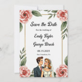 水彩フローラロマンチック花嫁と花婿結婚の セーブザデート (正面)