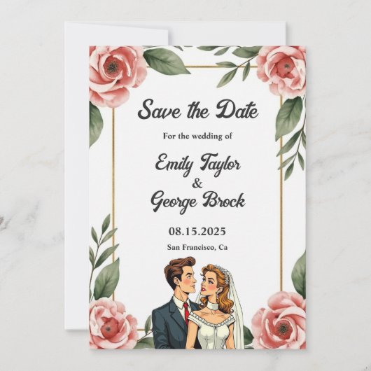 水彩フローラロマンチック花嫁と花婿結婚の セーブザデート (正面)