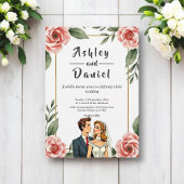 水彩フローラロマンチック花嫁と花婿結婚の 招待状