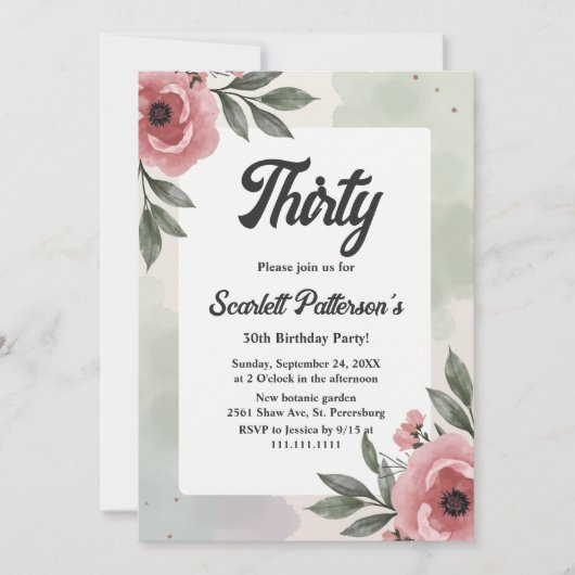 水彩フローラロマン素朴ム30歳の誕生日 招待状 (正面)