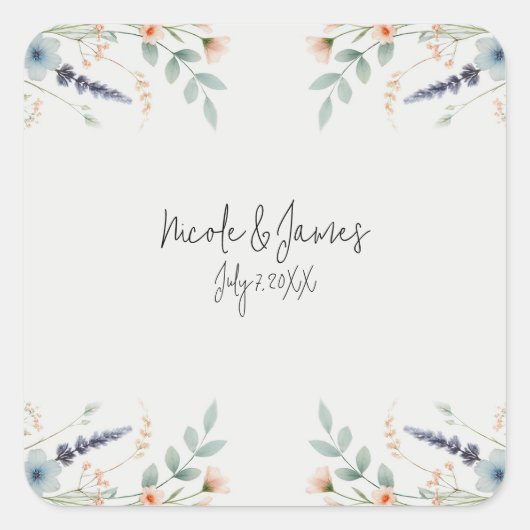 水彩フローラワイルドフラワー春ブライダル結婚ズ スクエアシール (正面)