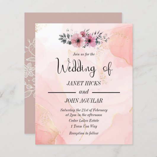 水彩フローラ予算結婚式招待状 (正面/裏面)