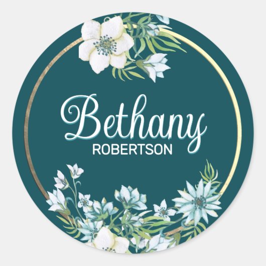 水彩フローラ付き/ゴールドフォイル付きアクセントパーソナライズされた ラウンドシール (正面)