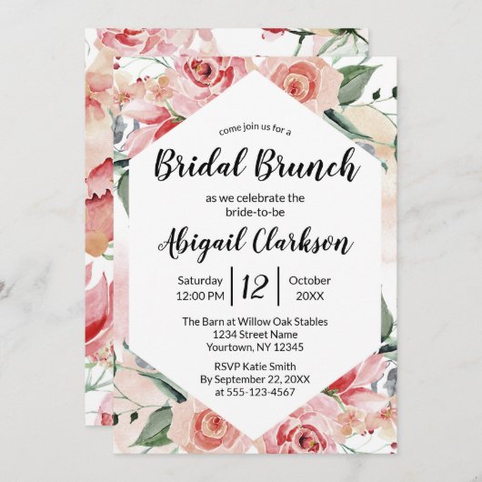 水彩フローラ六角ブライダルブランチ 招待状 (正面/裏面)