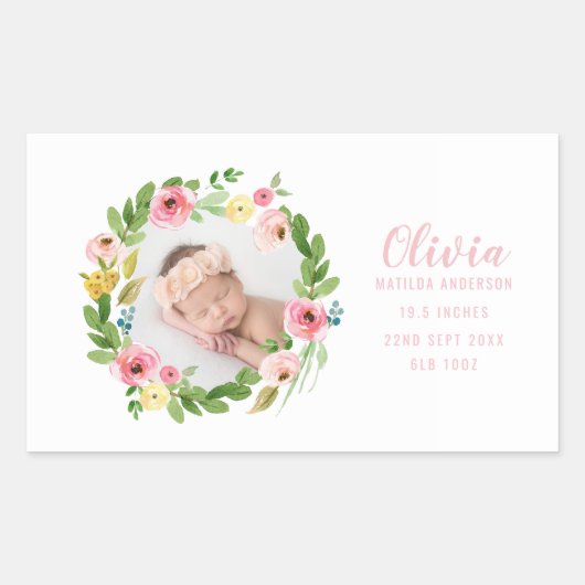水彩フローラ写真の誕生発表 長方形シール (正面)
