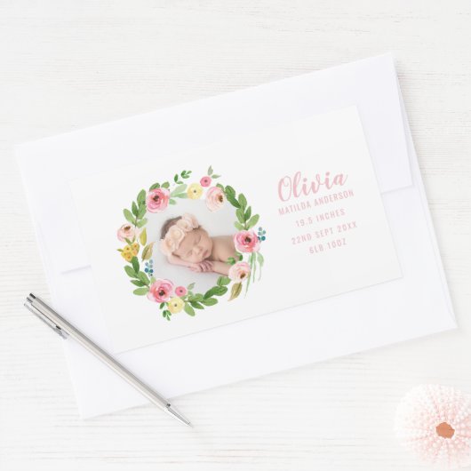 水彩フローラ写真の誕生発表 長方形シール (封筒)