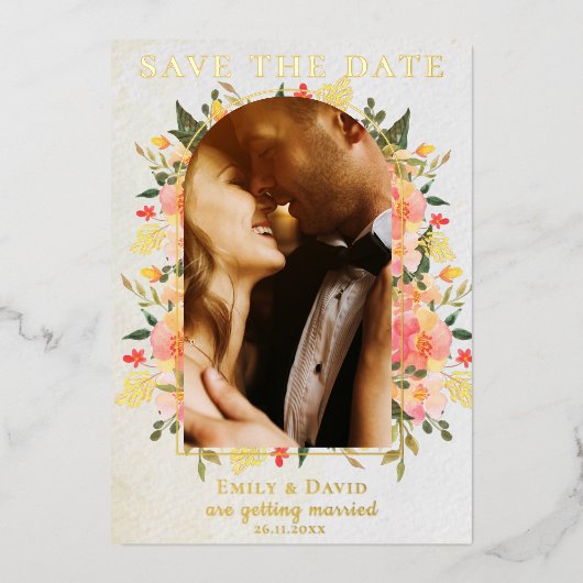 水彩フローラ写真アーチ結婚式の日付を保存 箔招待状 (正面)