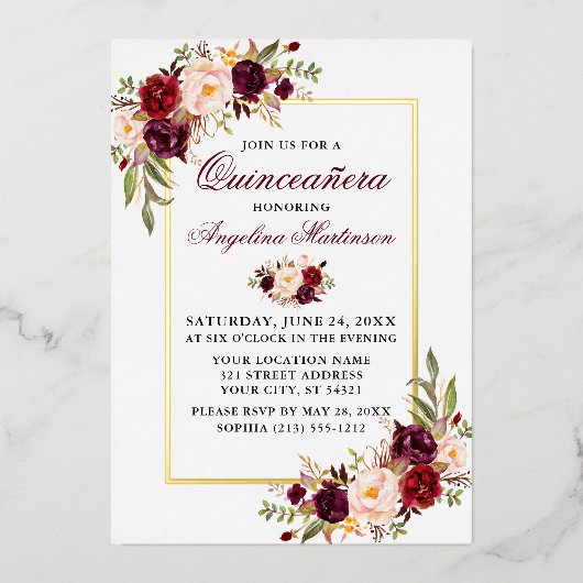 水彩フローラ写真キンセアニェラ金ゴールド 箔招待状 (正面)