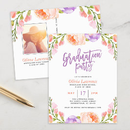 水彩フローラ写真卒業パーティー招待状 インビテーションポストカード