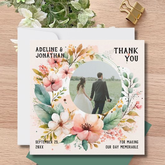 水彩フローラ写真結婚ズフラット サンキューカード