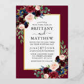 水彩フローラ写結婚真Burgundy金ゴールド 箔招待状 (正面)