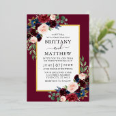 水彩フローラ写結婚真Burgundy金ゴールド 箔招待状 (立ち正面)