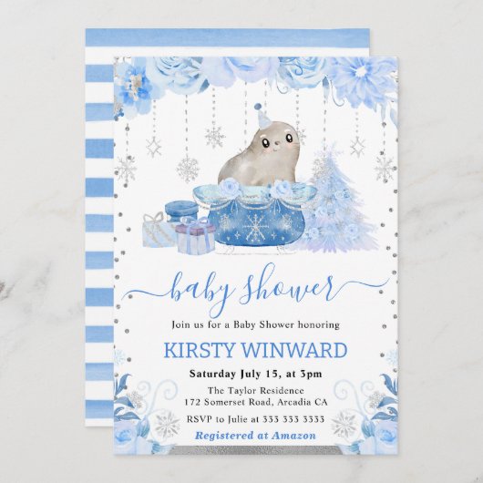 水彩フローラ北極シールベビーシャワー 招待状 (正面/裏面)