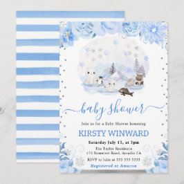 水彩フローラ北極動物赤ちゃんシャワー 招待状