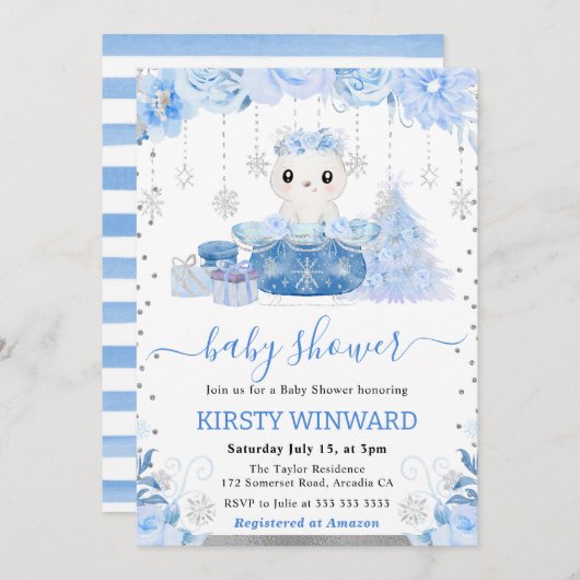 水彩フローラ北極熊ベビーシャワー 招待状 (正面/裏面)