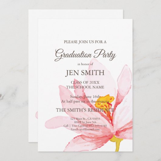 水彩フローラ卒業パーティー招待状。 招待状 (正面/裏面)