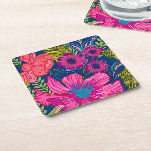 水彩フローラ及び植物性ピンクブライダルシャワー スクエアペーパーコースター (アングル)
