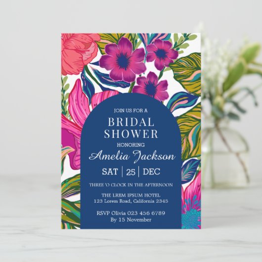 水彩フローラ及び植物性ピンクブライダルシャワー 招待状 (スタンド正面)