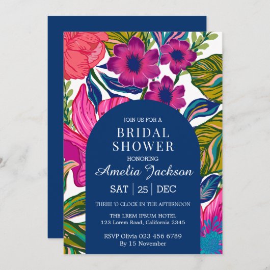 水彩フローラ及び植物性ピンクブライダルシャワー 招待状 (正面/裏面)