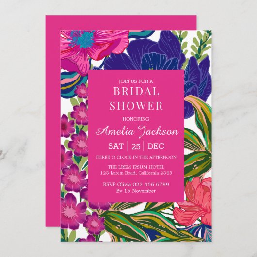 水彩フローラ及び植物性ピンクブライダルシャワー 招待状 (正面/裏面)